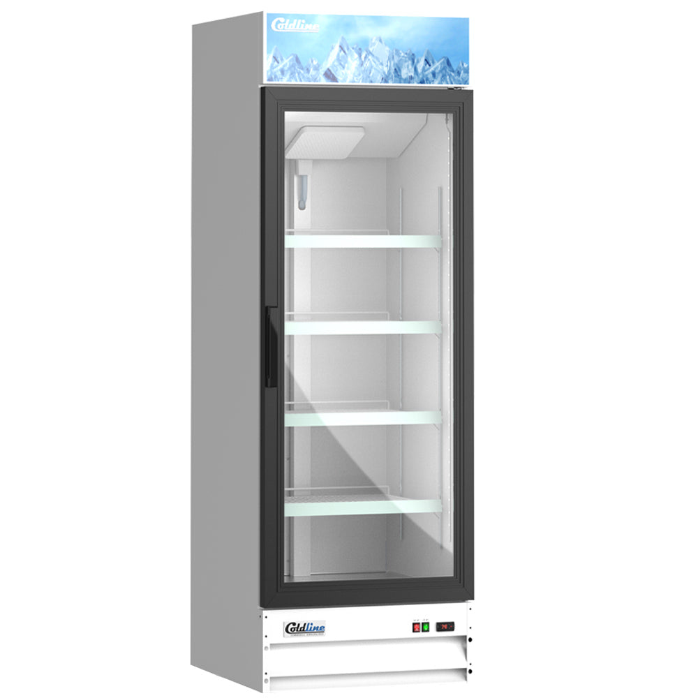 Coldline G15-W white glass door merchandiser refrigerator, angled front view, empty, lights on