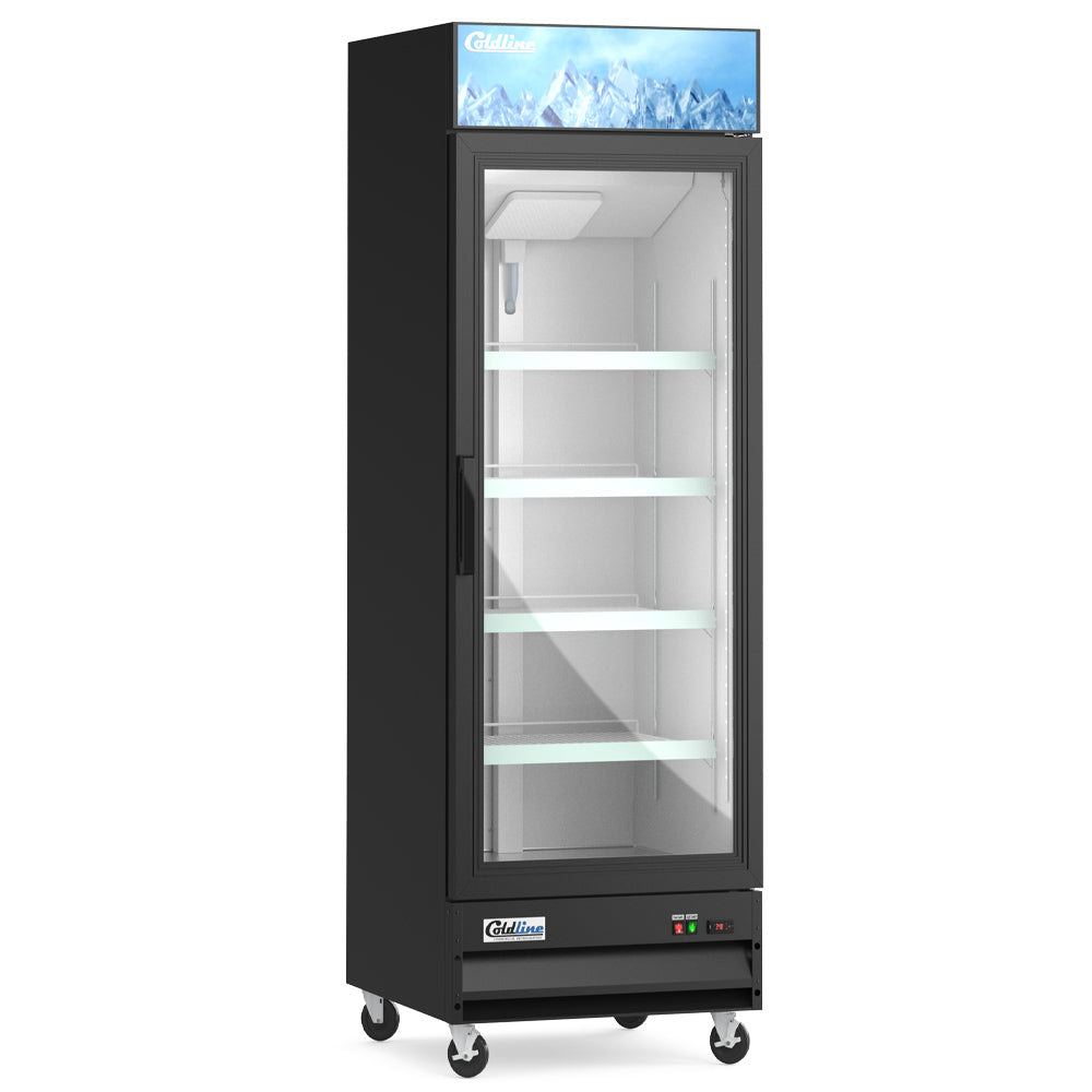 Coldline D12-B black glass door merchandiser freezer, angled front view