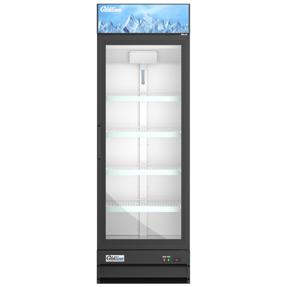 Coldline G15-B black glass door merchandiser refrigerator, front view, empty