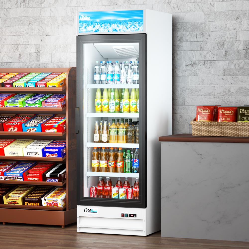 Coldline G15-W white glass door merchandiser refrigerator, stocked with drinks in a store (representative image)