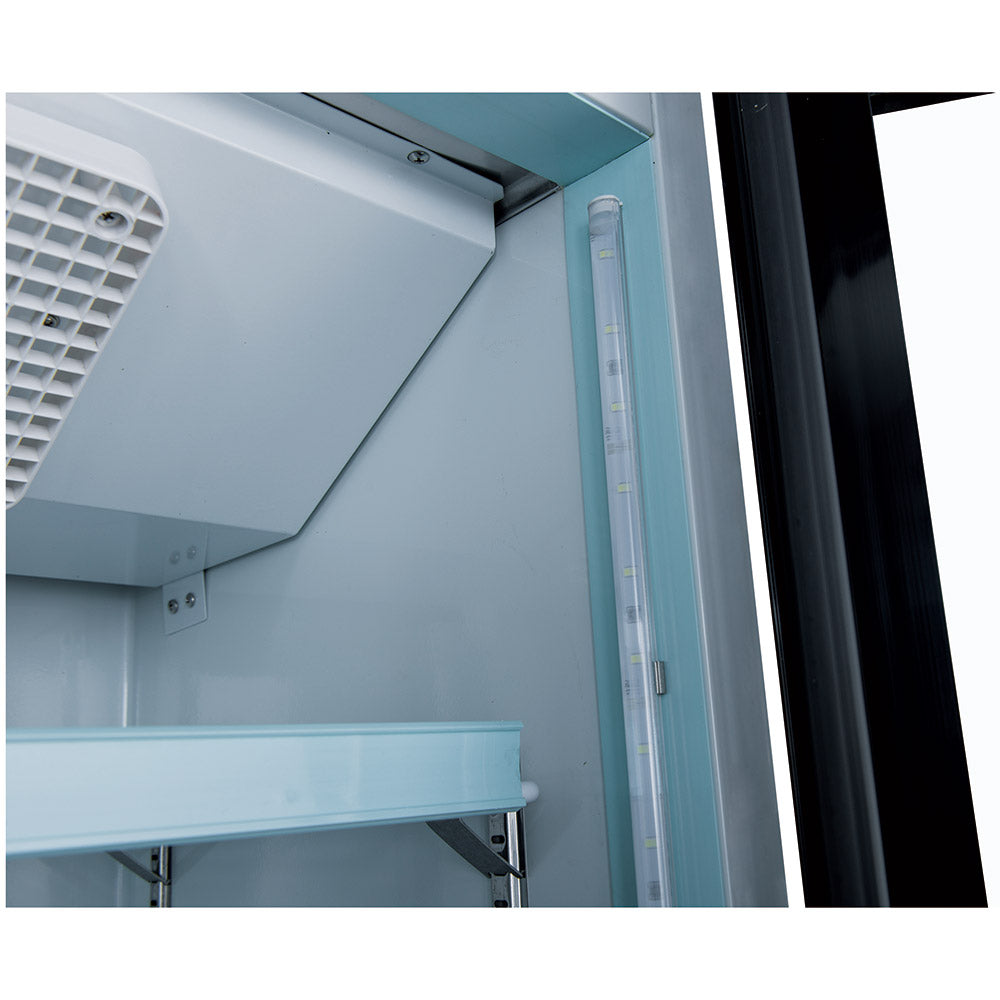 Coldline G10-W white glass door merchandiser refrigerator, interior close-up of the evaporator cover and LED light