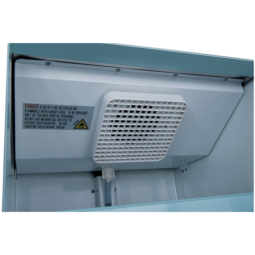 Coldline G10-W white glass door merchandiser refrigerator, close-up of the evaporator fan cover
