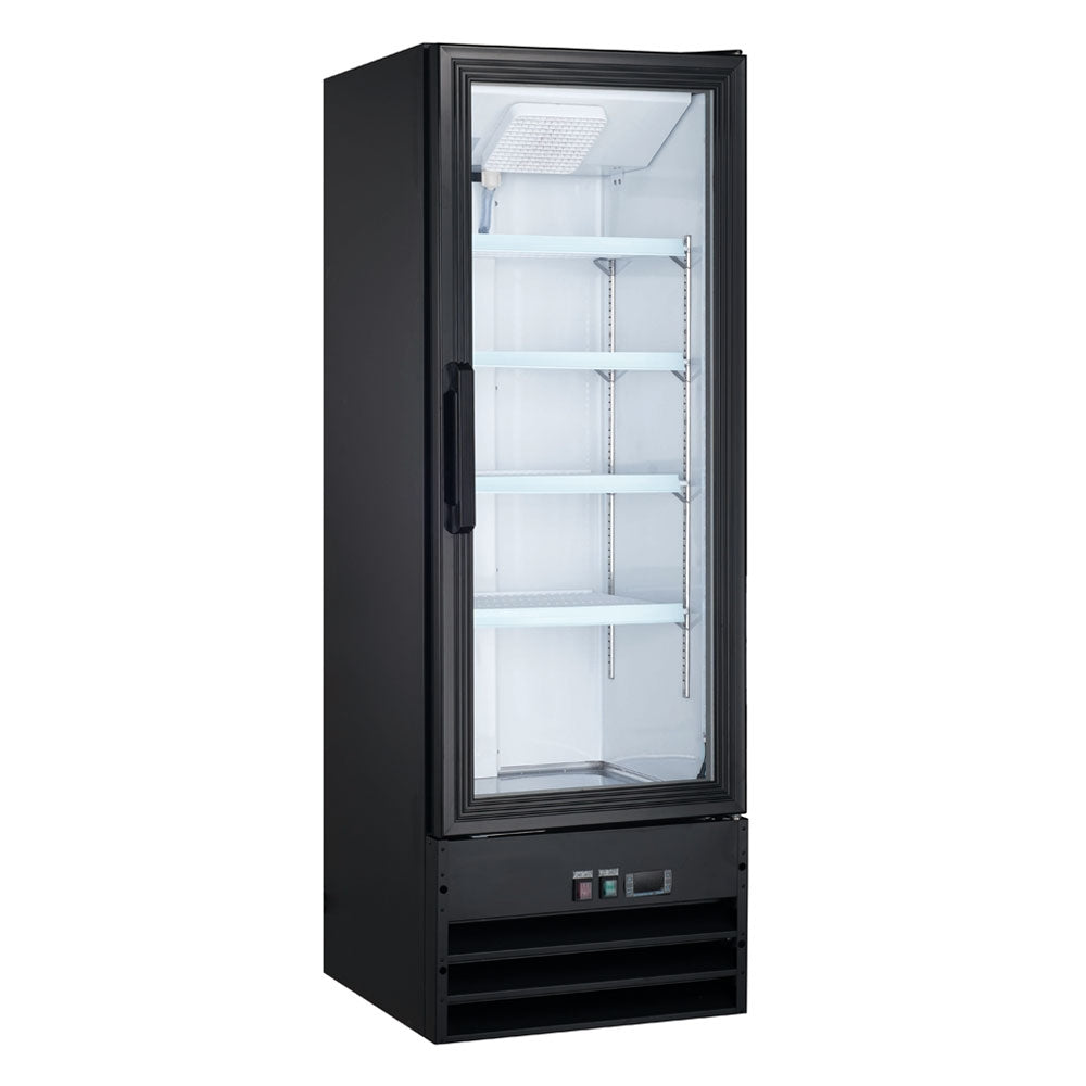 Coldline G10-B black glass door merchandiser refrigerator, front view, empty