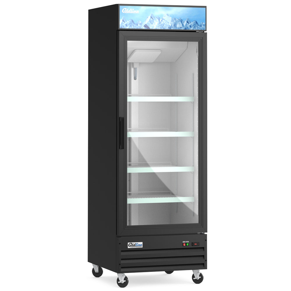 Coldline G28-B black glass door merchandiser refrigerator, angled front view, empty, lights on