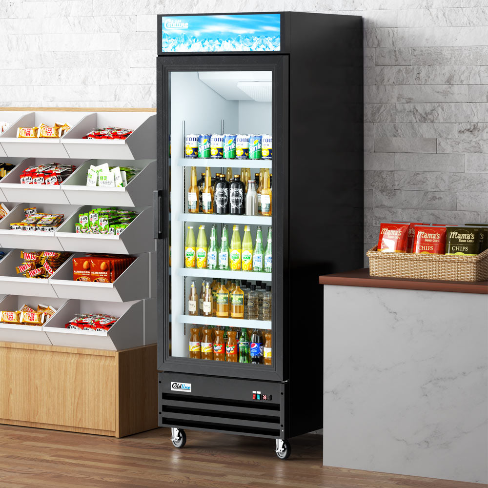 Coldline G28-B black glass door merchandiser refrigerator, stocked with drinks in a store (representative image)