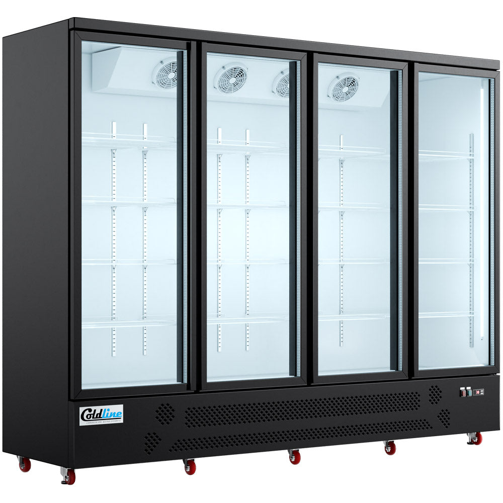 Coldline G4-B 98" Four Glass Door Merchandiser Refrigerator with LED Lighting, Black