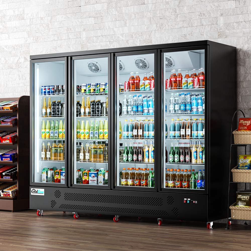 Coldline G4-B 98" Four Glass Door Merchandiser Refrigerator with LED Lighting, Black