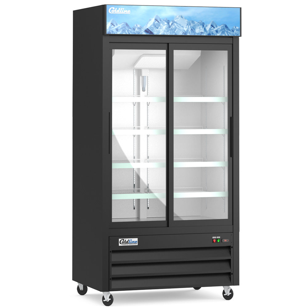 Coldline G40S-B black glass door merchandiser refrigerator, angled front view, empty, lights on