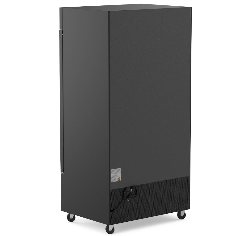 Coldline G40S-B black glass door merchandiser refrigerator, rear angled view