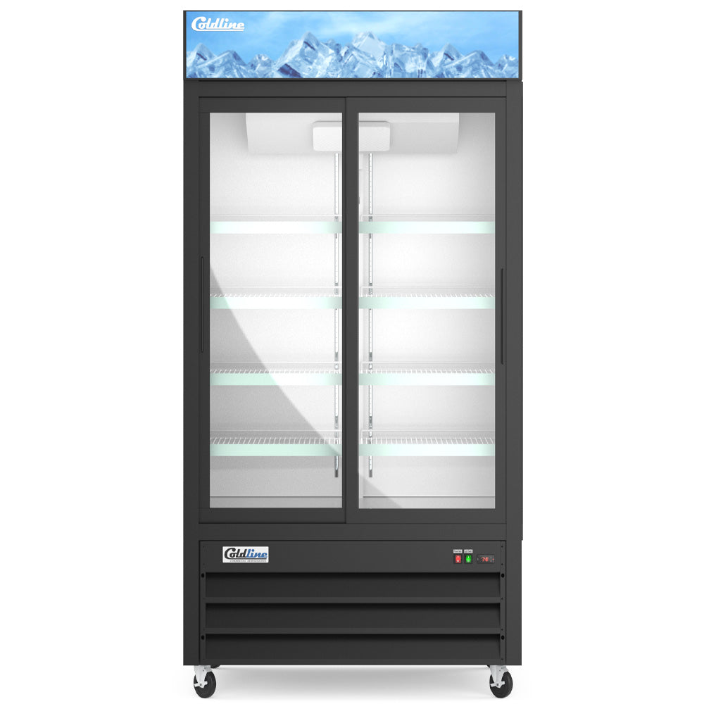 Coldline G40S-B black glass door merchandiser refrigerator, front view, empty