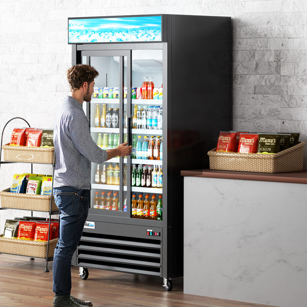 Coldline G40S-B black glass door merchandiser refrigerator, in use in a store (representative image)