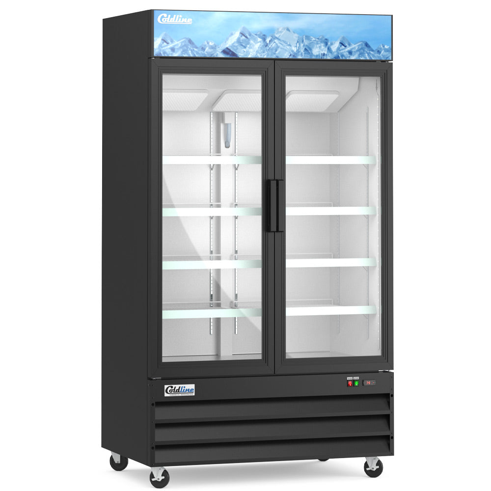 Coldline G48-B black glass door merchandiser refrigerator, angled front view, empty, lights on