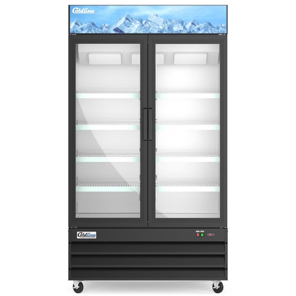 Coldline G48-B black glass door merchandiser refrigerator, front view, empty