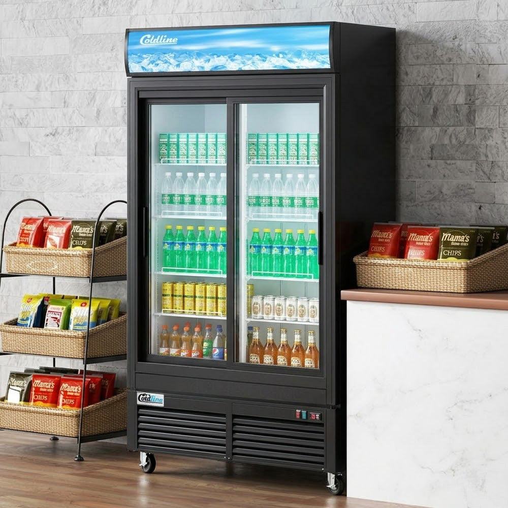 Coldline G48S-B 48" Double Glass Sliding Door Merchandiser Refrigerator with LED Lighting, Black