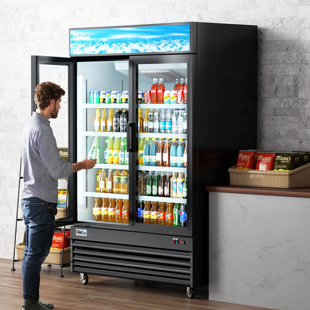 Coldline G53-B black glass door merchandiser refrigerator, in use in a store (representative image)
