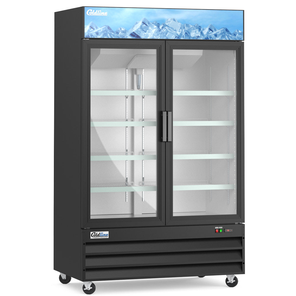 Coldline D53-B black glass door merchandiser freezer, angled front view, empty, lights on