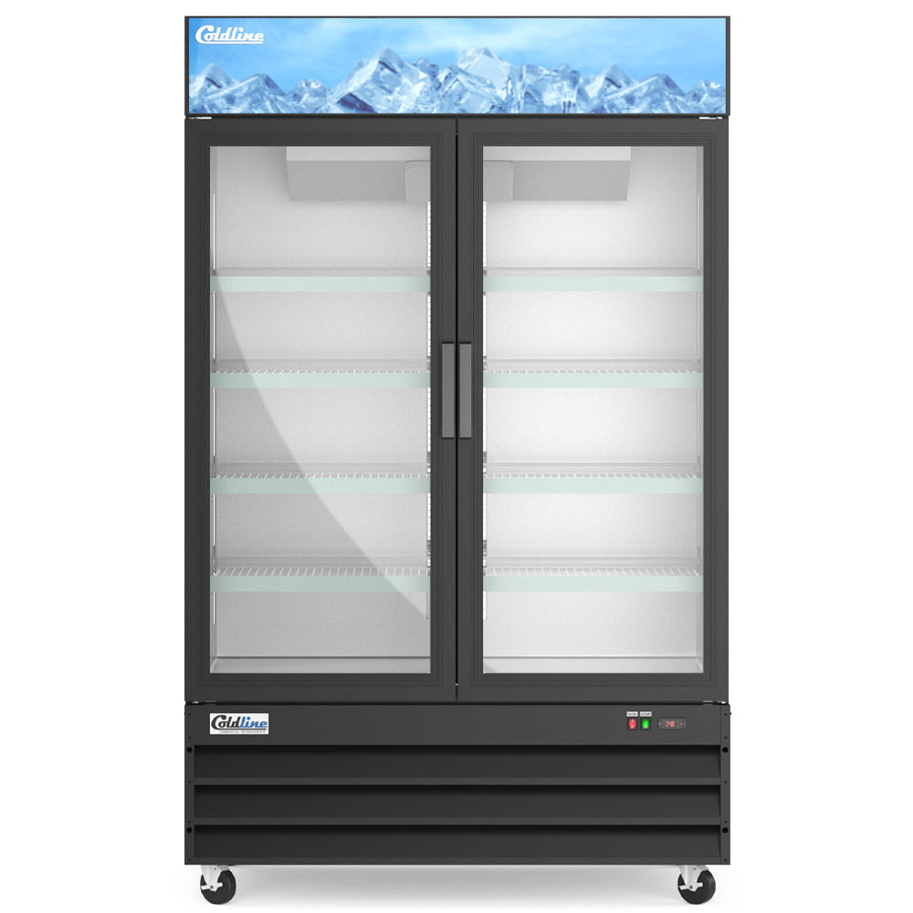 Coldline G53-B black glass door merchandiser refrigerator, front view, empty