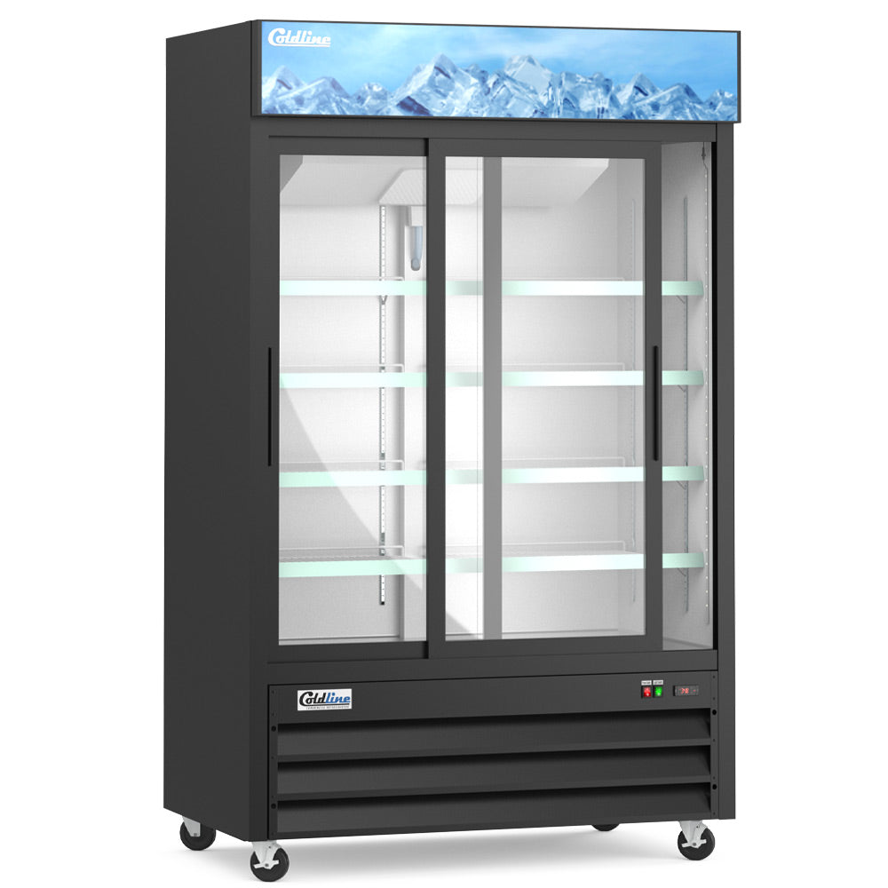 Coldline G53S-B black glass door merchandiser refrigerator, angled front view, doors partly open