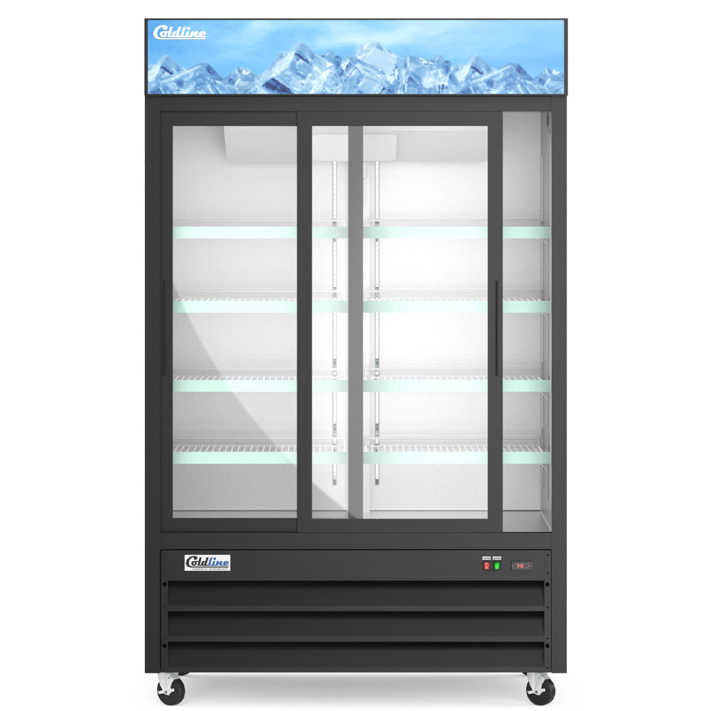 Coldline G53S-B black glass door merchandiser refrigerator, front view, empty