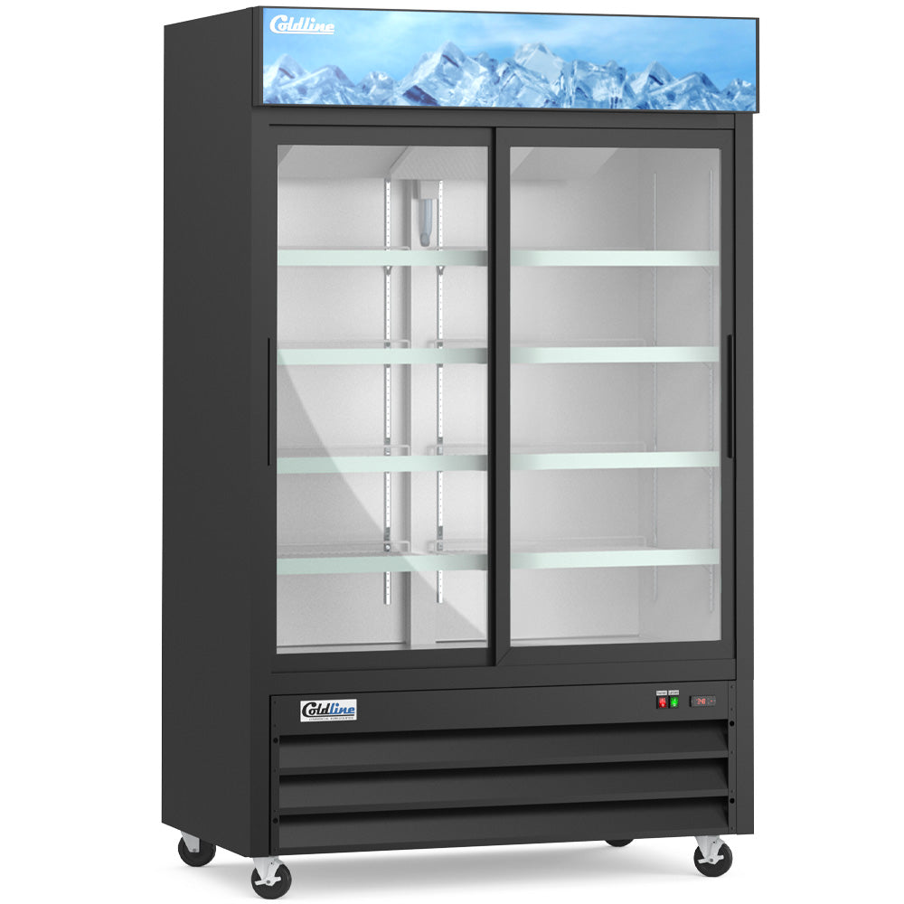 Coldline G53S-B black glass door merchandiser refrigerator, angled front view, empty, lights on