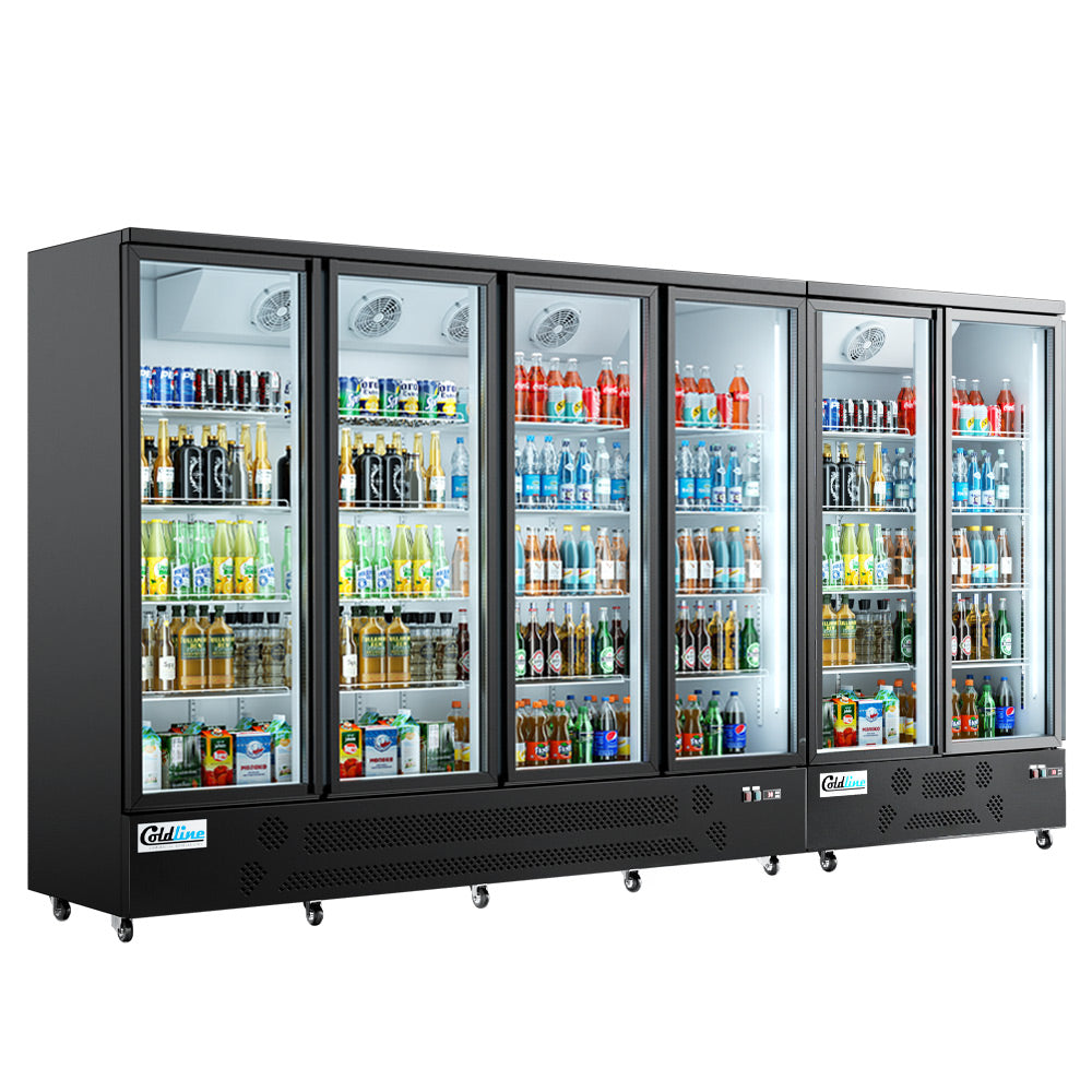 Coldline G6-B 148" Six Glass Door Merchandiser Refrigerator with LED Lighting, Black