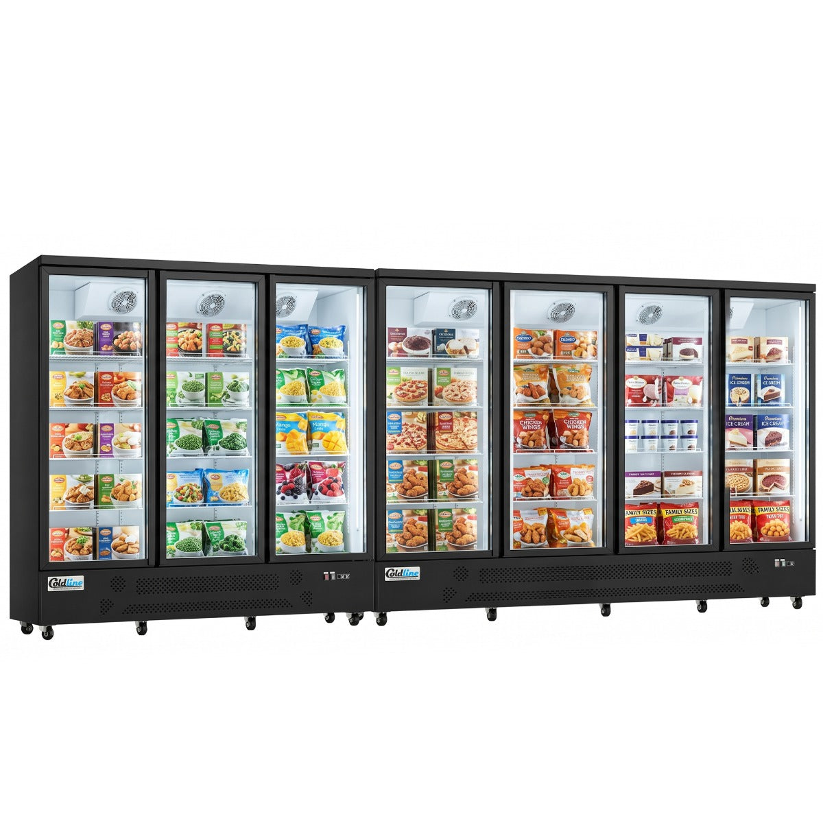 Coldline D7-B 172" Seven Glass Door Merchandiser Freezer with LED Lighting, Black