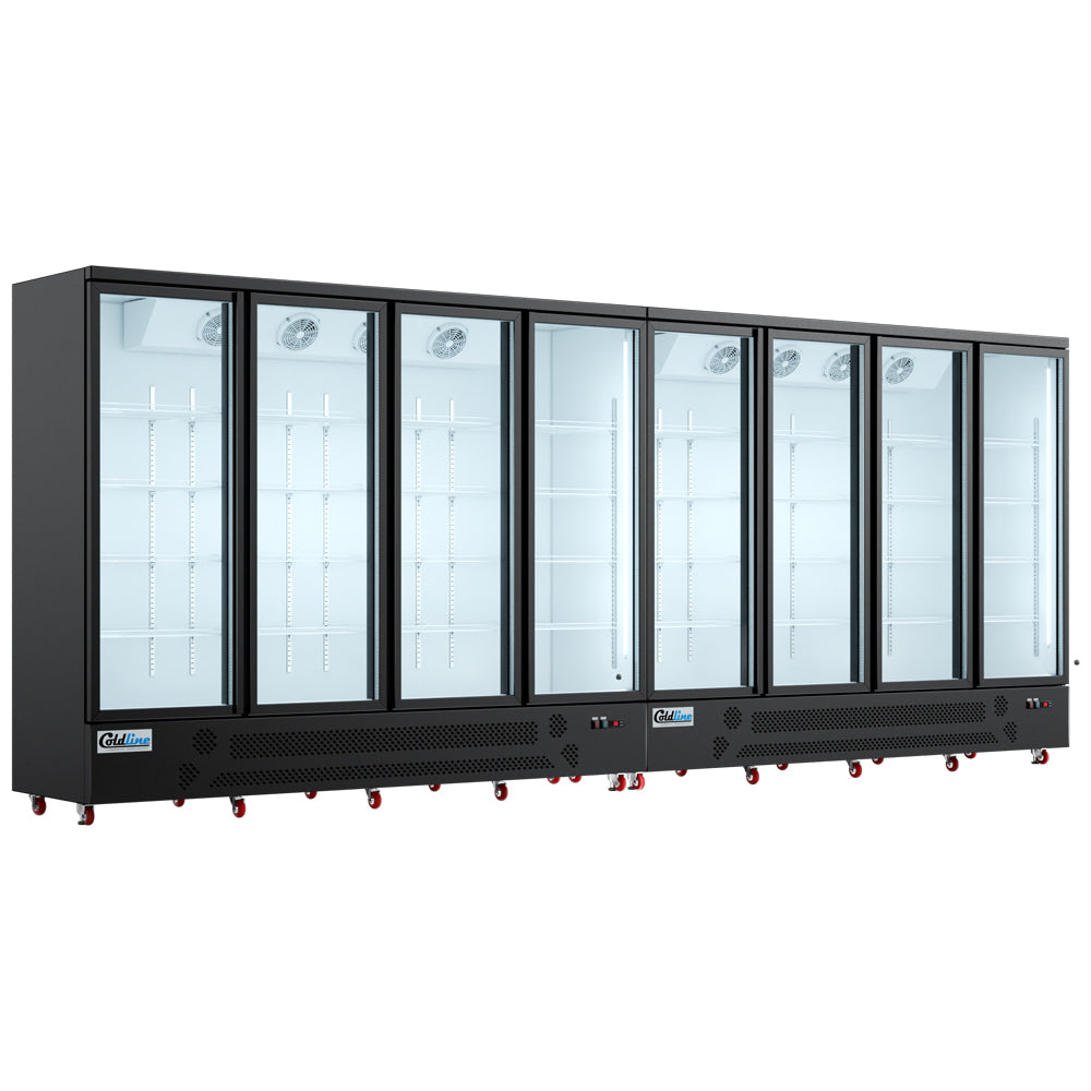 Coldline G8-B 197" Eight Glass Door Merchandiser Refrigerator with LED Lighting, Black