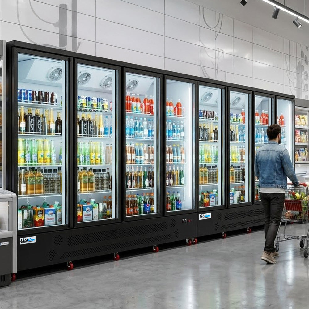 Coldline G8-B 197" Eight Glass Door Merchandiser Refrigerator with LED Lighting, Black