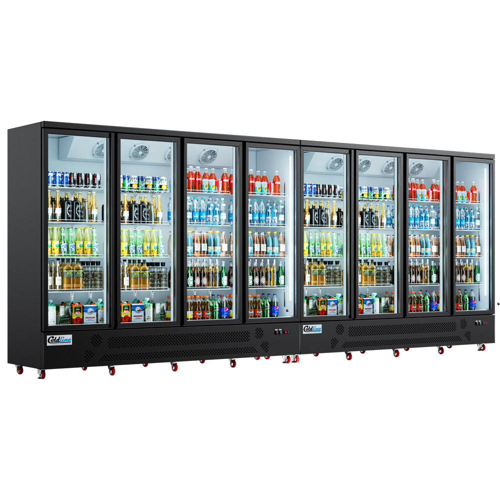 Coldline G8-B 197" Eight Glass Door Merchandiser Refrigerator with LED Lighting, Black