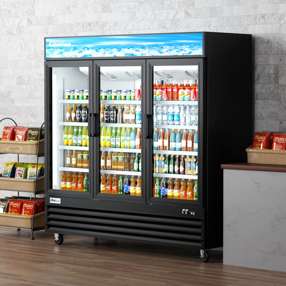 Coldline G80-B black glass door merchandiser refrigerator, stocked with drinks in a store (representative image)