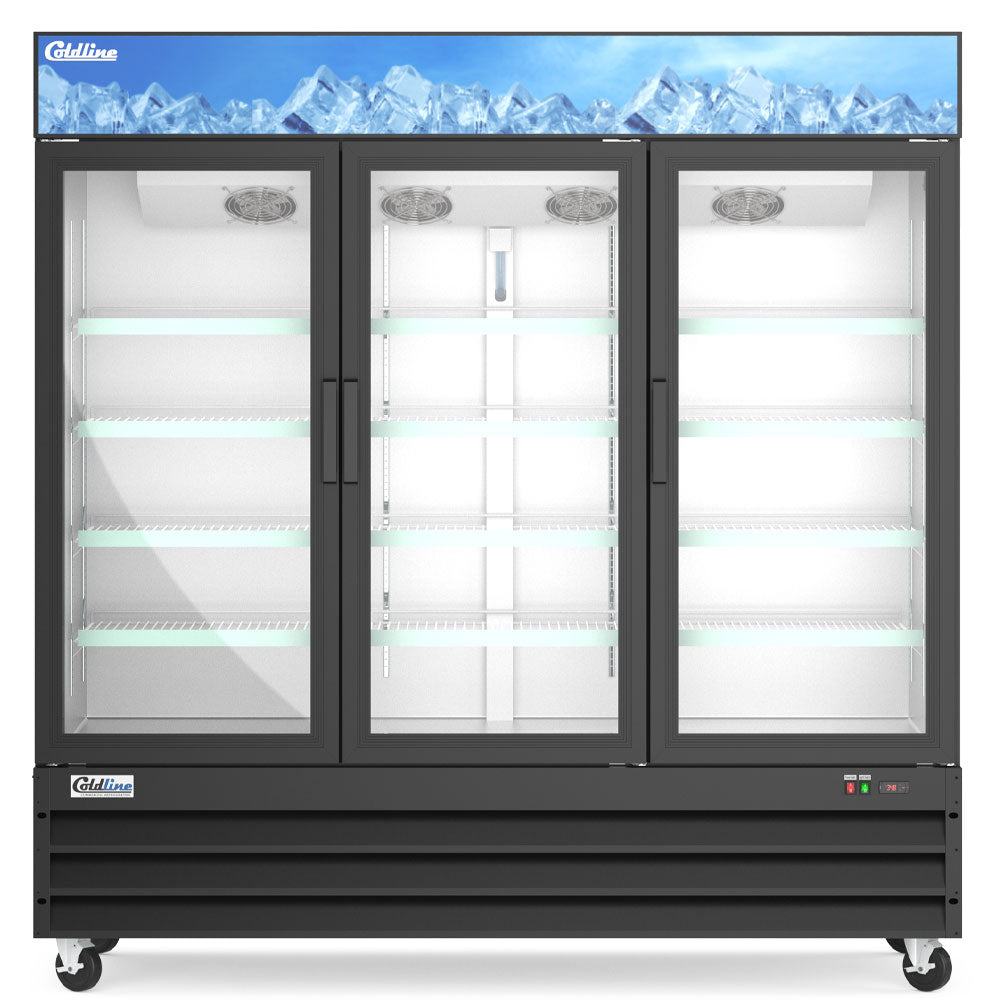 Coldline D80-B black glass door merchandiser freezer, front view, empty
