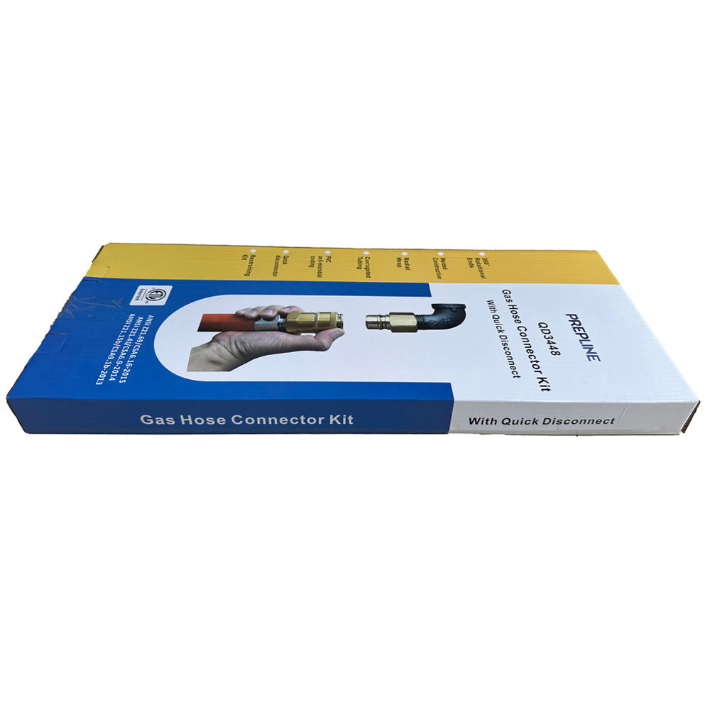 Prepline 3/4 inch gas hose connector kit, retail box, angle (representative image)