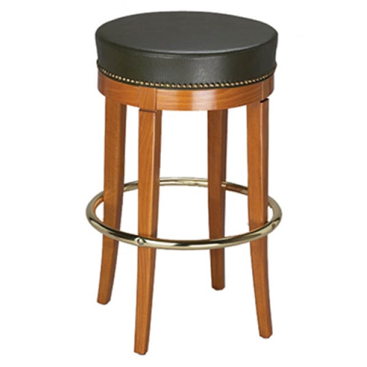 G & A 117NH Demi Barstool, 30" H, Backless, Round Upholstered Padded Seat, European Beechwood Frame, Brass Footring