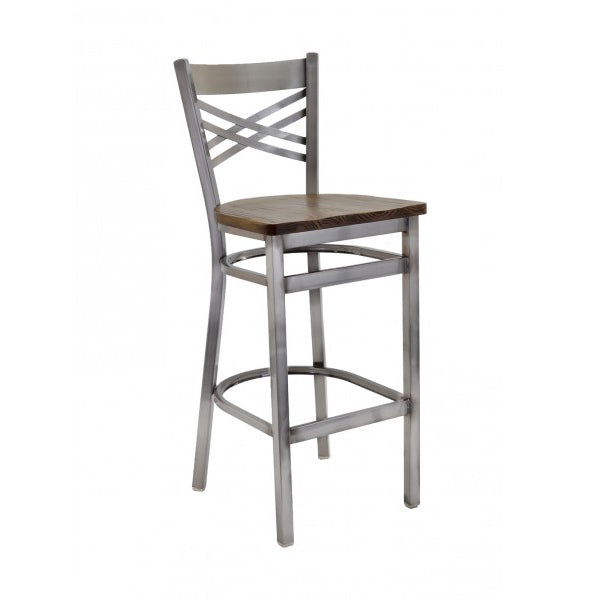 G & A 699-D PS Double Cross Back Barstool, Upholstered Padded Seat, 18 Gauge Steel Frame, Distressed Clear Finish, Footrest