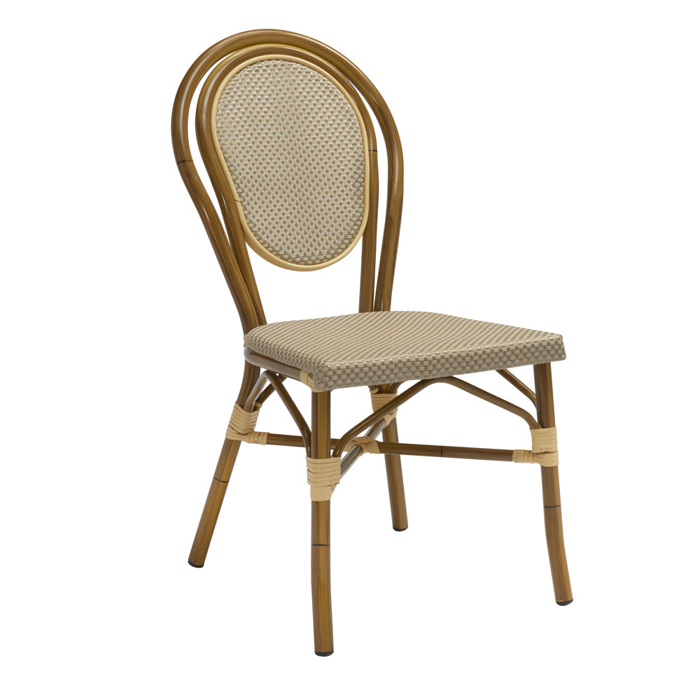 G & A 807 Aluminum Outdoor Paris Side Chair with Platinum Textilene Back & Seat, Hairpin Back, Powder Coat Bamboo Finish