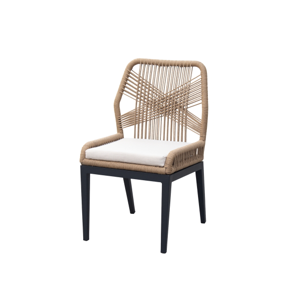 G & A 828 Aluminum Outdoor Bloom Side Chair with Woven Synthetic Rope Back & Seat, Black Frame, Stackable, Footrest