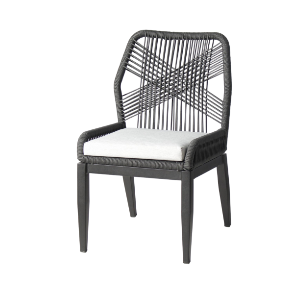 G & A 828 Aluminum Outdoor Bloom Side Chair with Woven Synthetic Rope Back & Seat, Black Frame, Stackable, Footrest