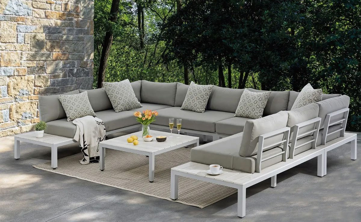 G & A 8402 Ravello Outdoor/Indoor Double Section, Grey Aluminum, White Wash Teak, Grey Cushions