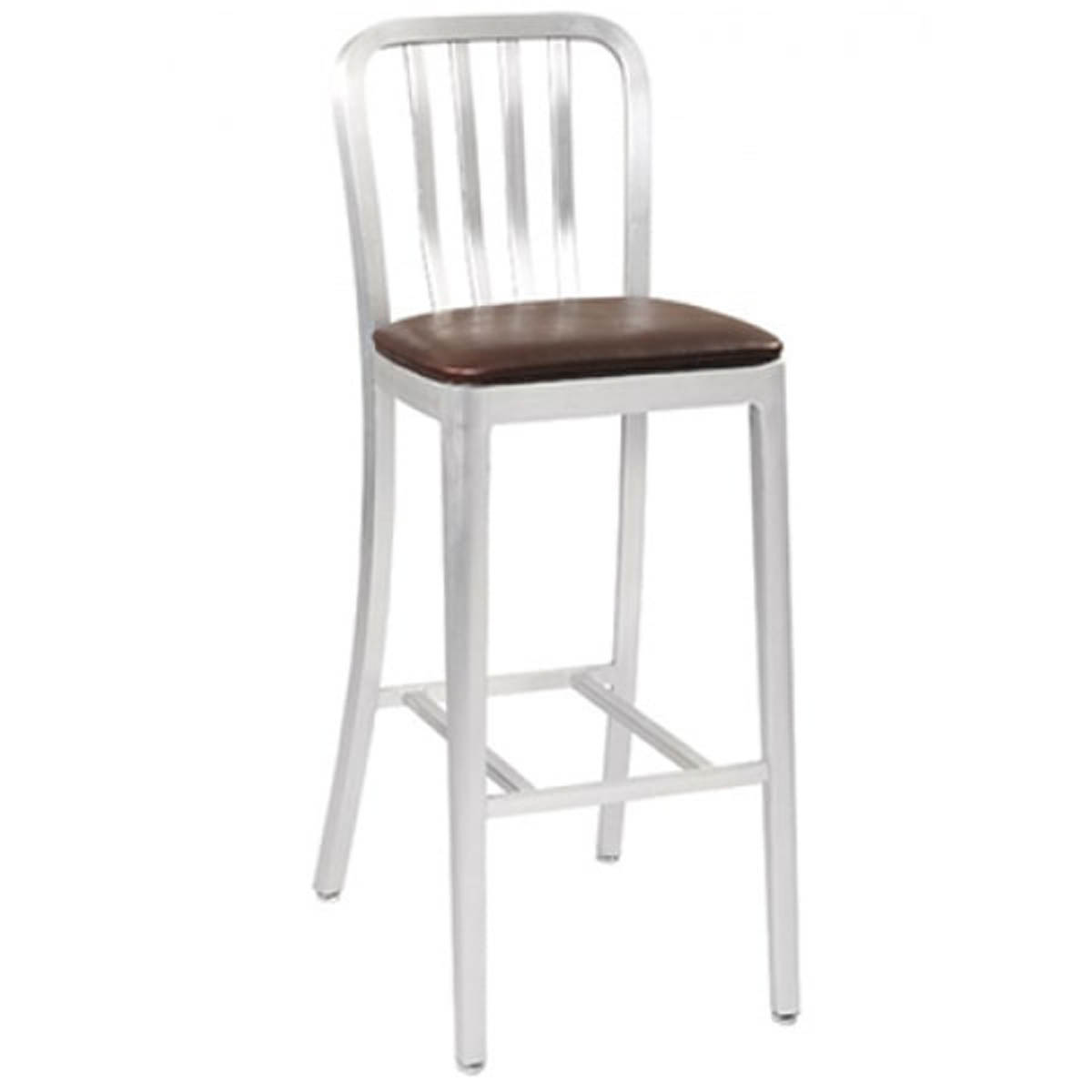 G & A 871PS Classic Barstool, Aluminum, Slat Back, Upholstered Padded Seat, Brushed Finish, Armless, Indoor/Outdoor Use