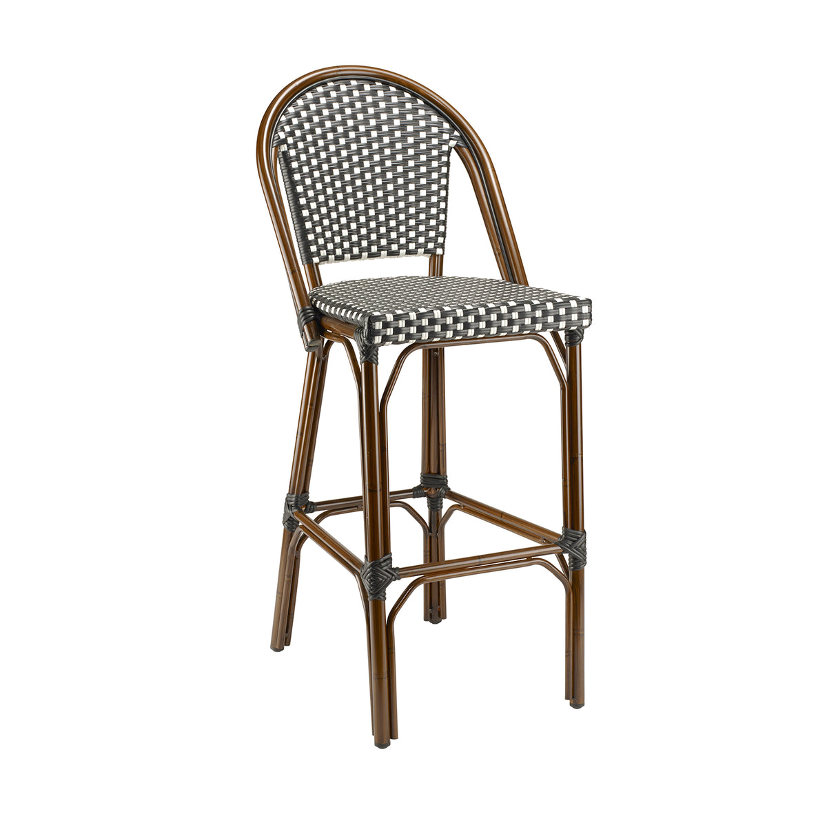 G & A 909 Marina Barstool, Stacking, Synthetic Wicker, Aluminum Frame, Walnut Finish
