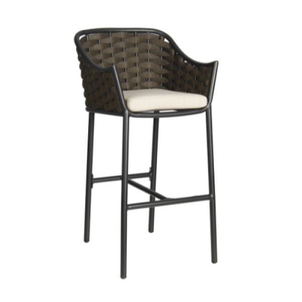 G & A 927 Balmain Commercial Outdoor Bar Stool, Stacking, Woven Synthetic Rope, Black Aluminum Frame