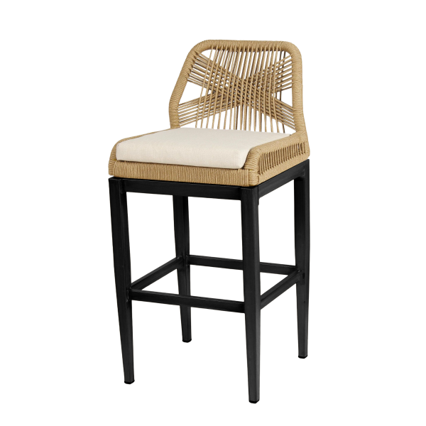 G & A 928 Aluminum Bloom Bar Stool with Synthetic Wicker Back & Upholstered Seat, Armless, Black Finish, Footrest, Stackable