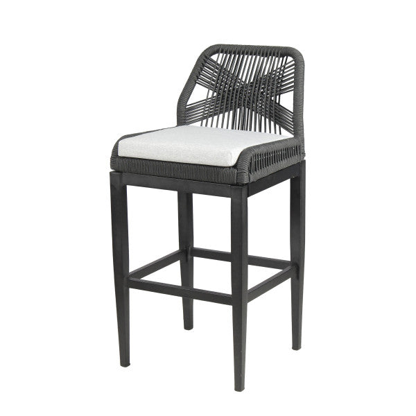 G & A 928 Aluminum Bloom Bar Stool with Synthetic Wicker Back & Upholstered Seat, Armless, Black Finish, Footrest, Stackable
