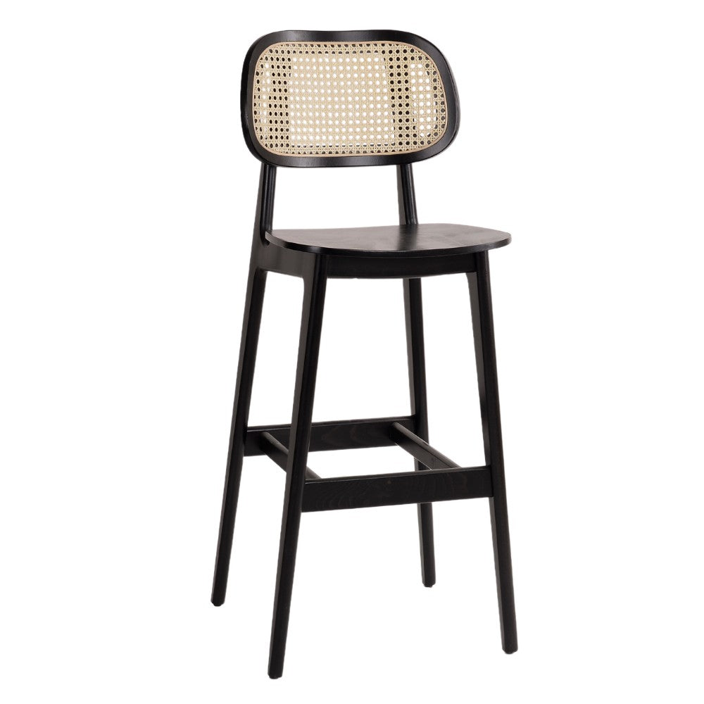 G & A 9616-VS Barstool - Black Finish, Cane Wood Back, Veneer Seat, Beechwood Frame, Plastic Floor Glides