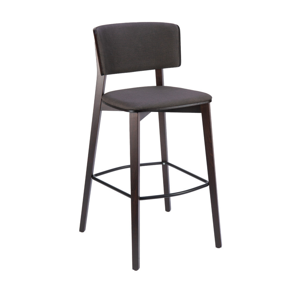 G & A 9618-FP Indoor Bar Stool - Upholstered padded front and back, padded seat, armless plain back, European beechwood frame with mortise-and-tenon metal brackets, non-marring plastic floor glides, standard height, legs base
