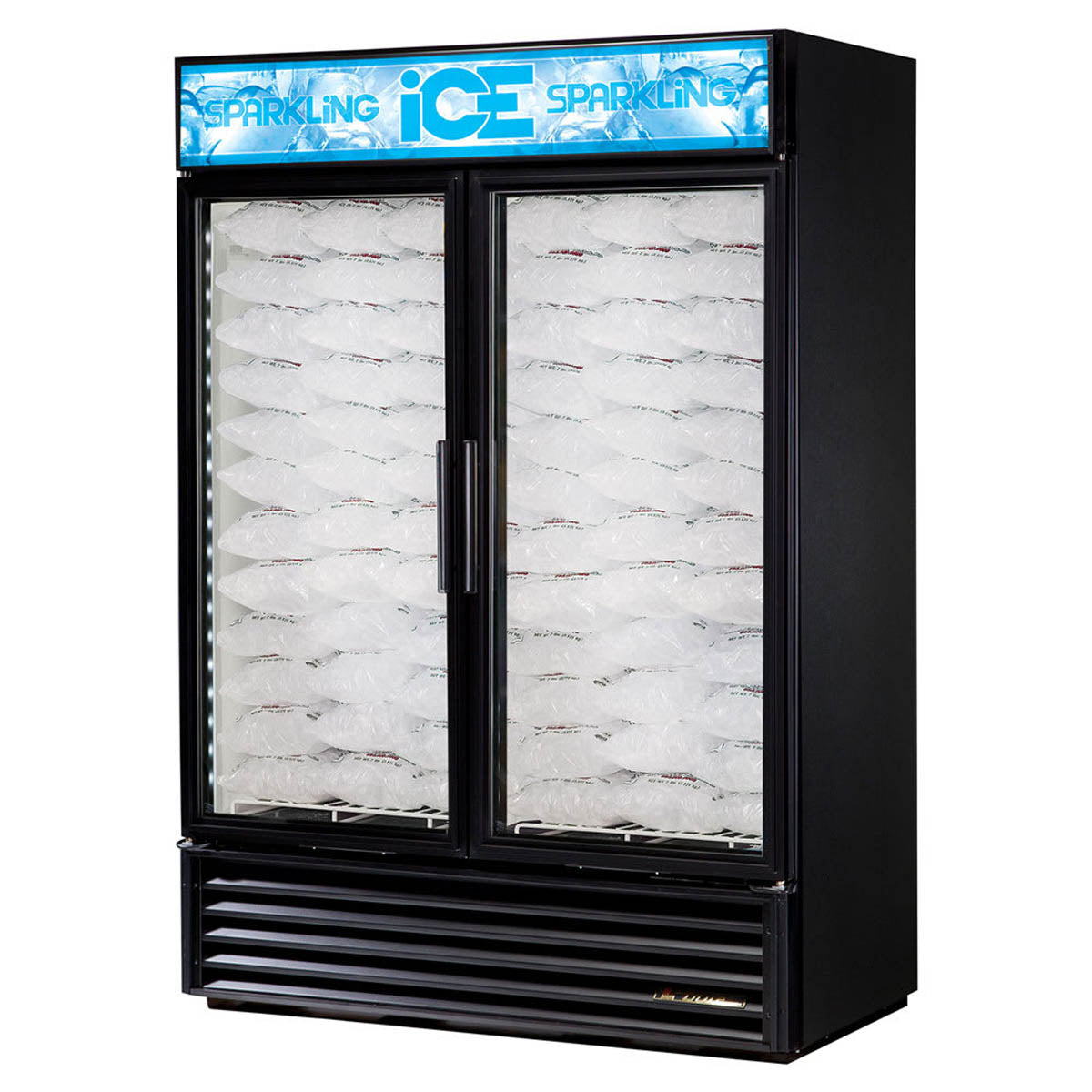 True GDIM-49NT-HC~TSL01 2-door ice merchandiser, black exterior, front angle view, stocked with bagged ice