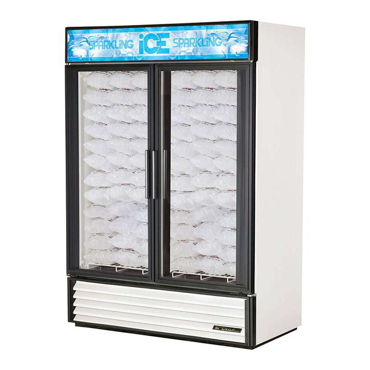 True GDIM-49NT-HC~TSL01 2-door ice merchandiser, white exterior, front angle view, stocked with bagged ice
