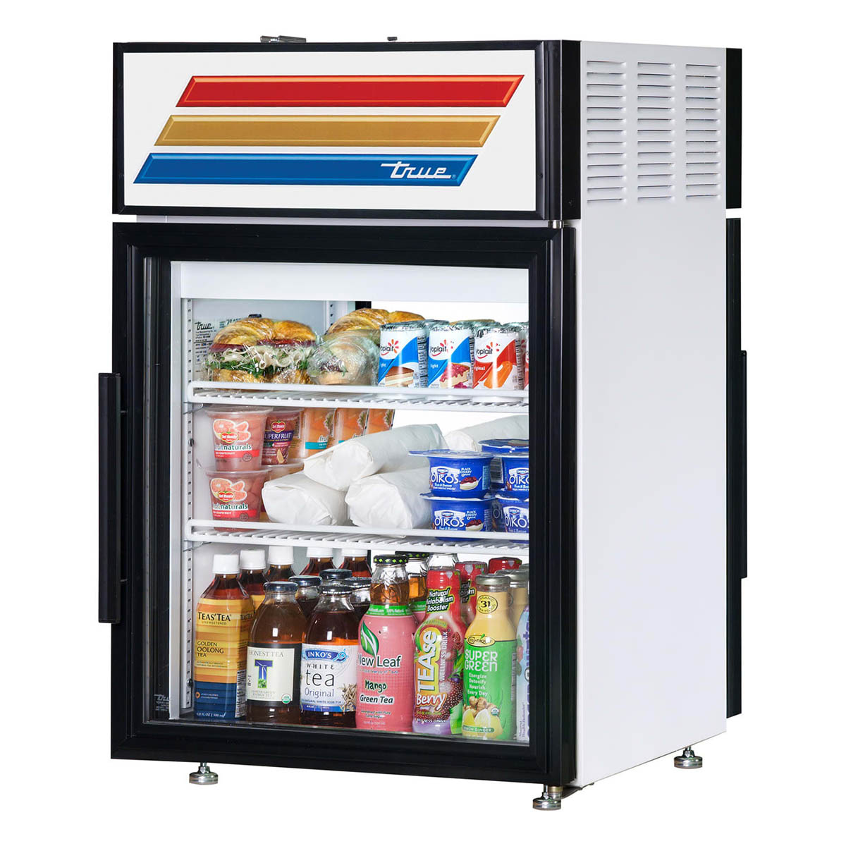 True GDM-05PT-HC~TSL01 countertop glass door merchandiser, white exterior, front angle view, stocked with product