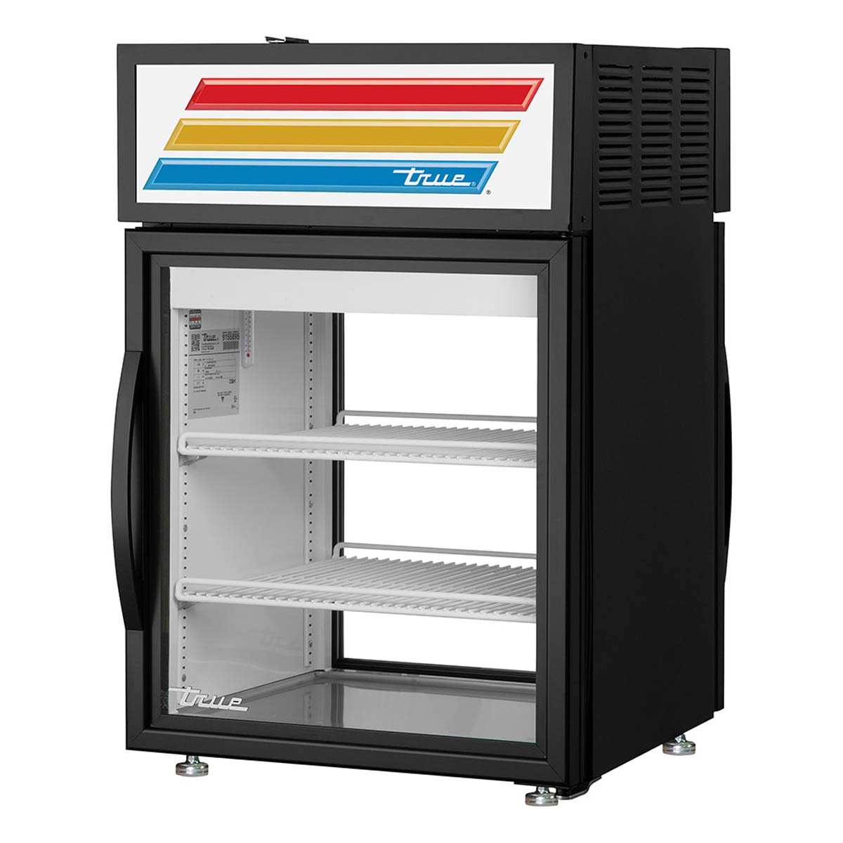True GDM-05PT-HC~TSL01 countertop glass door merchandiser, black exterior, front angle view, empty