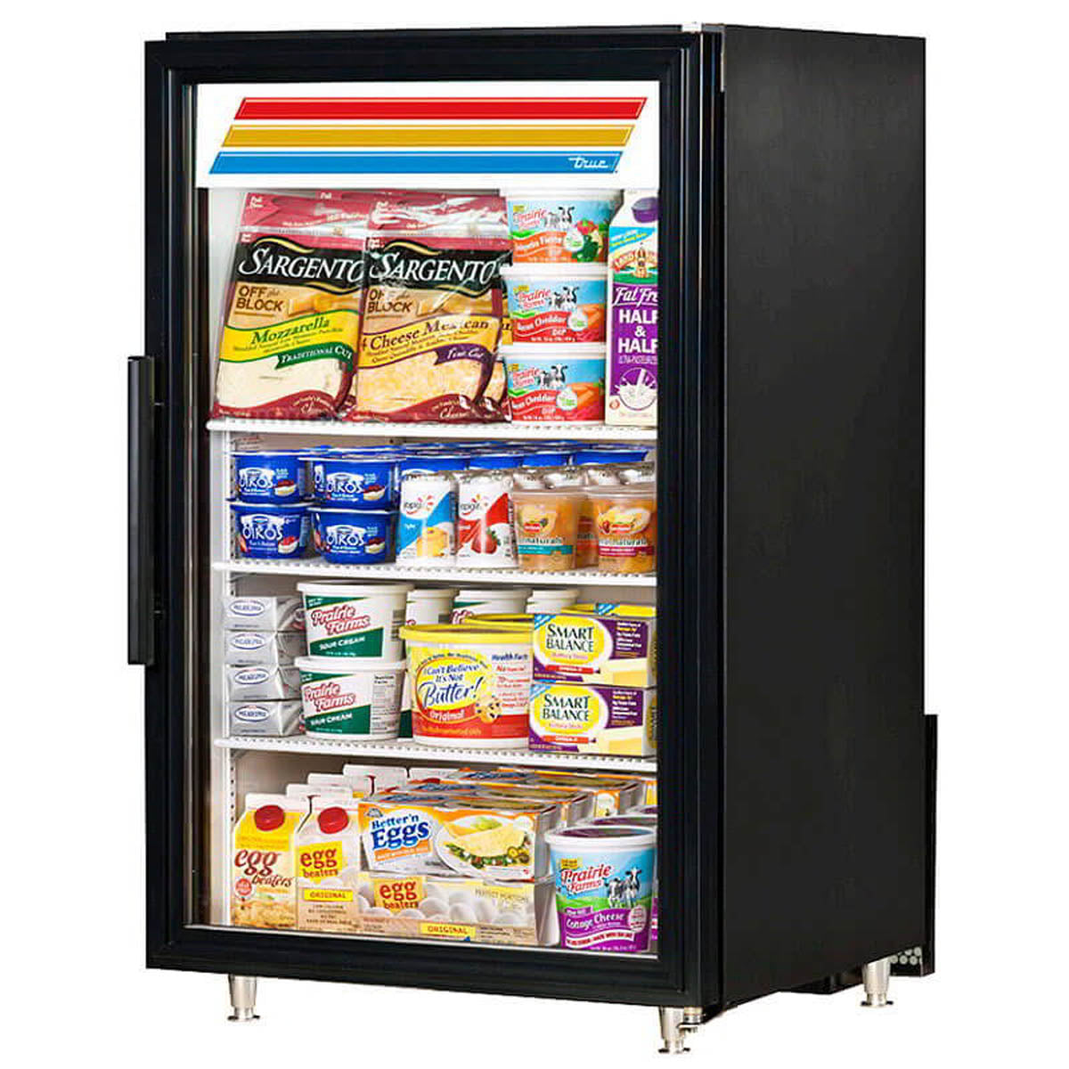 True GDM-07-HC~TSL01 countertop glass door merchandiser, front angle view, stocked with product